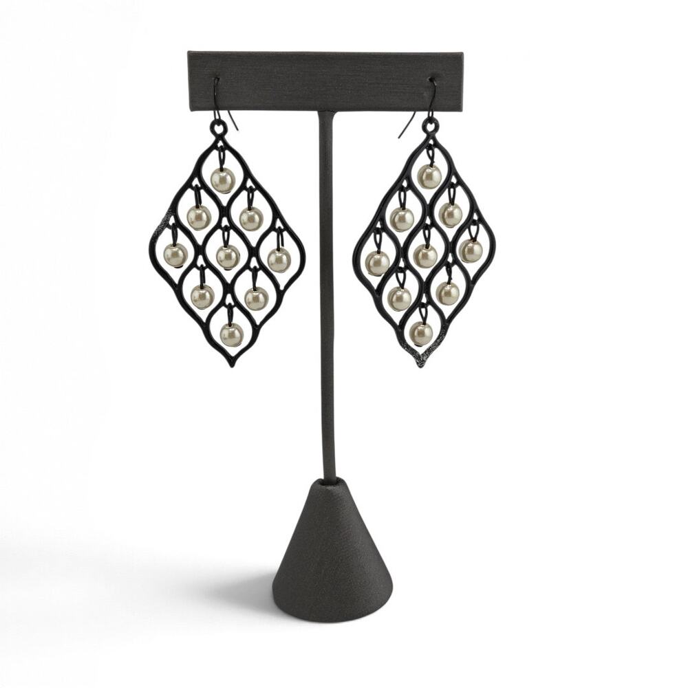 Black Lattice Cream Faux Pearl Diamond Shaped Dangle Statement Earrings